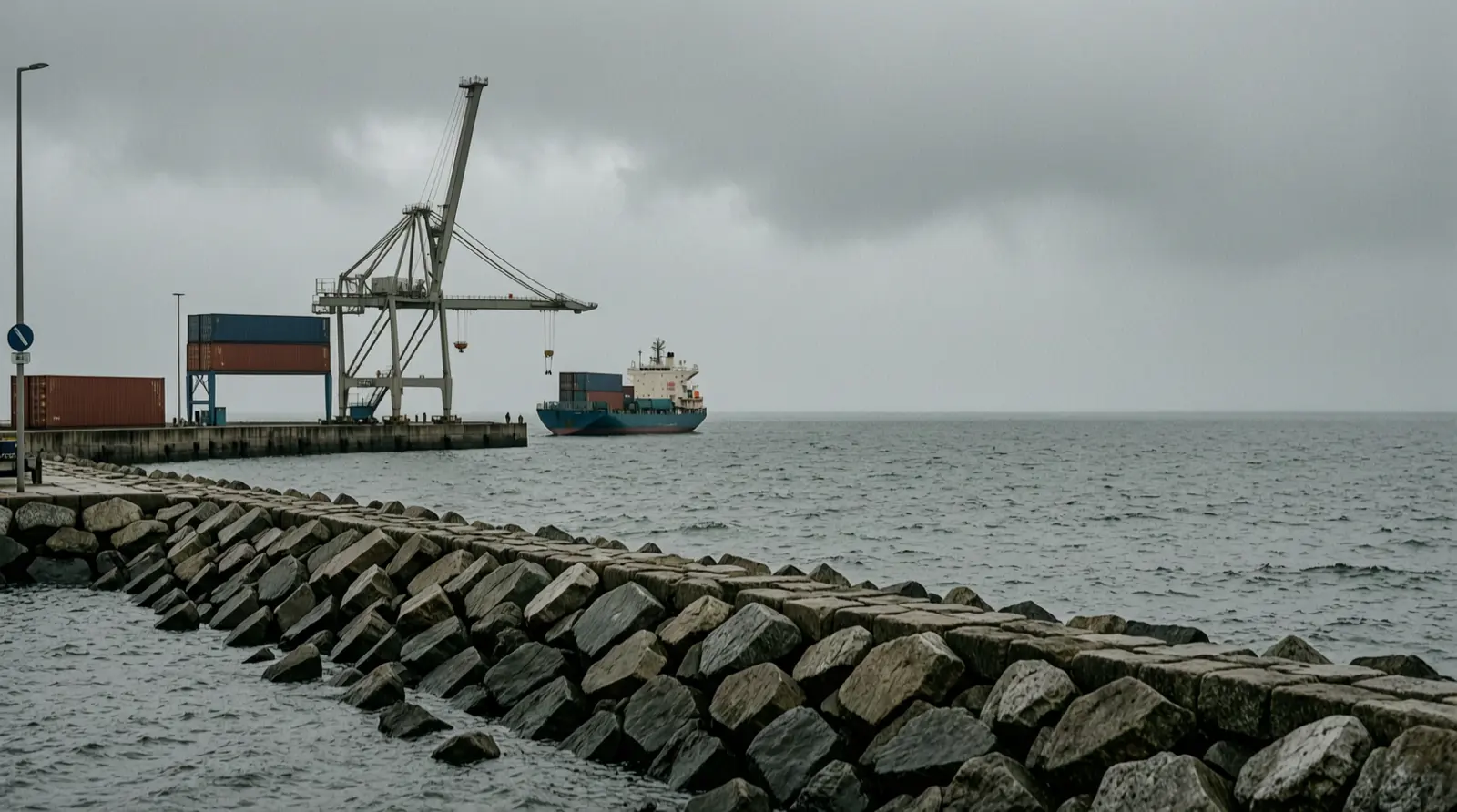 A grey sea under heavy clouds seen from a stone breakwater.