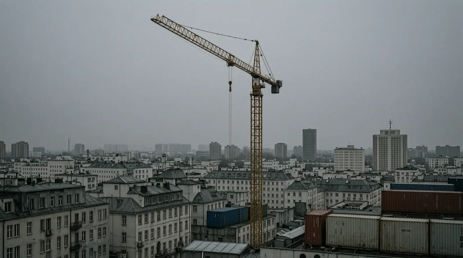 A construction crane rises over city rooftops at dusk.