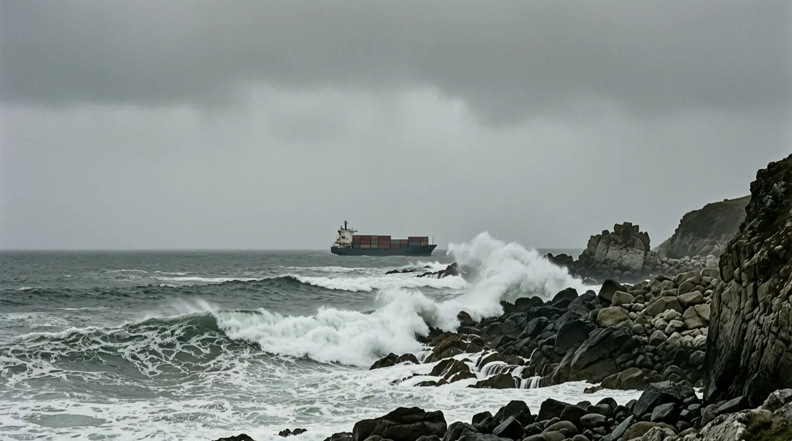 Waves breaking near a rocky coastline under heavy cloud.