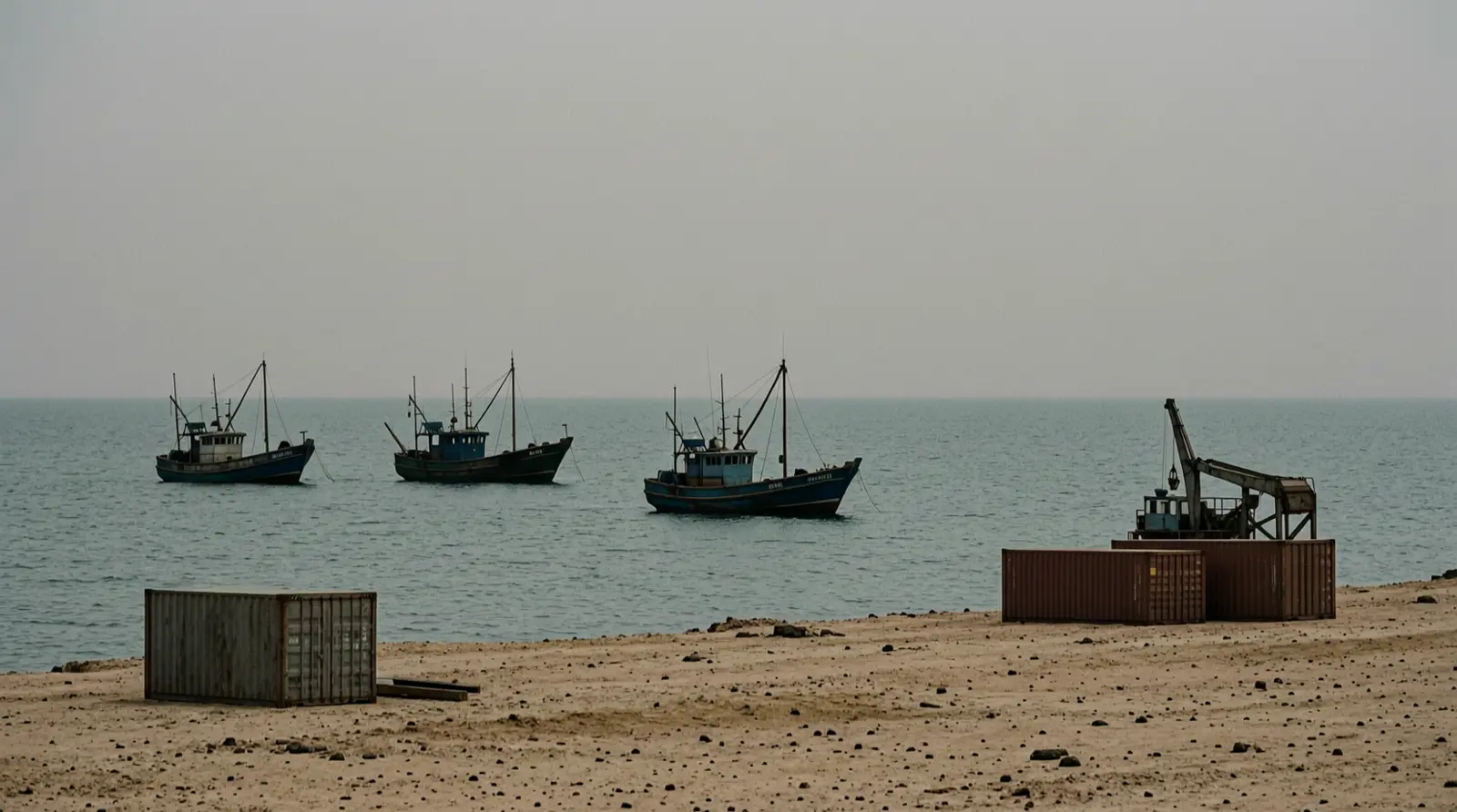 Small fishing boats on open water near an arid shoreline.