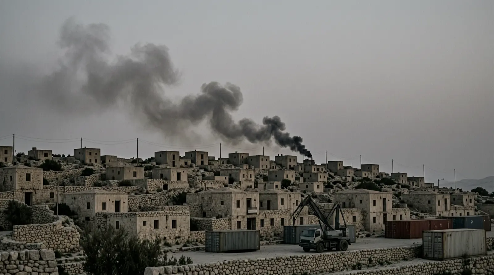 A West Bank hillside at dusk, with smoke rising above low stone buildings.