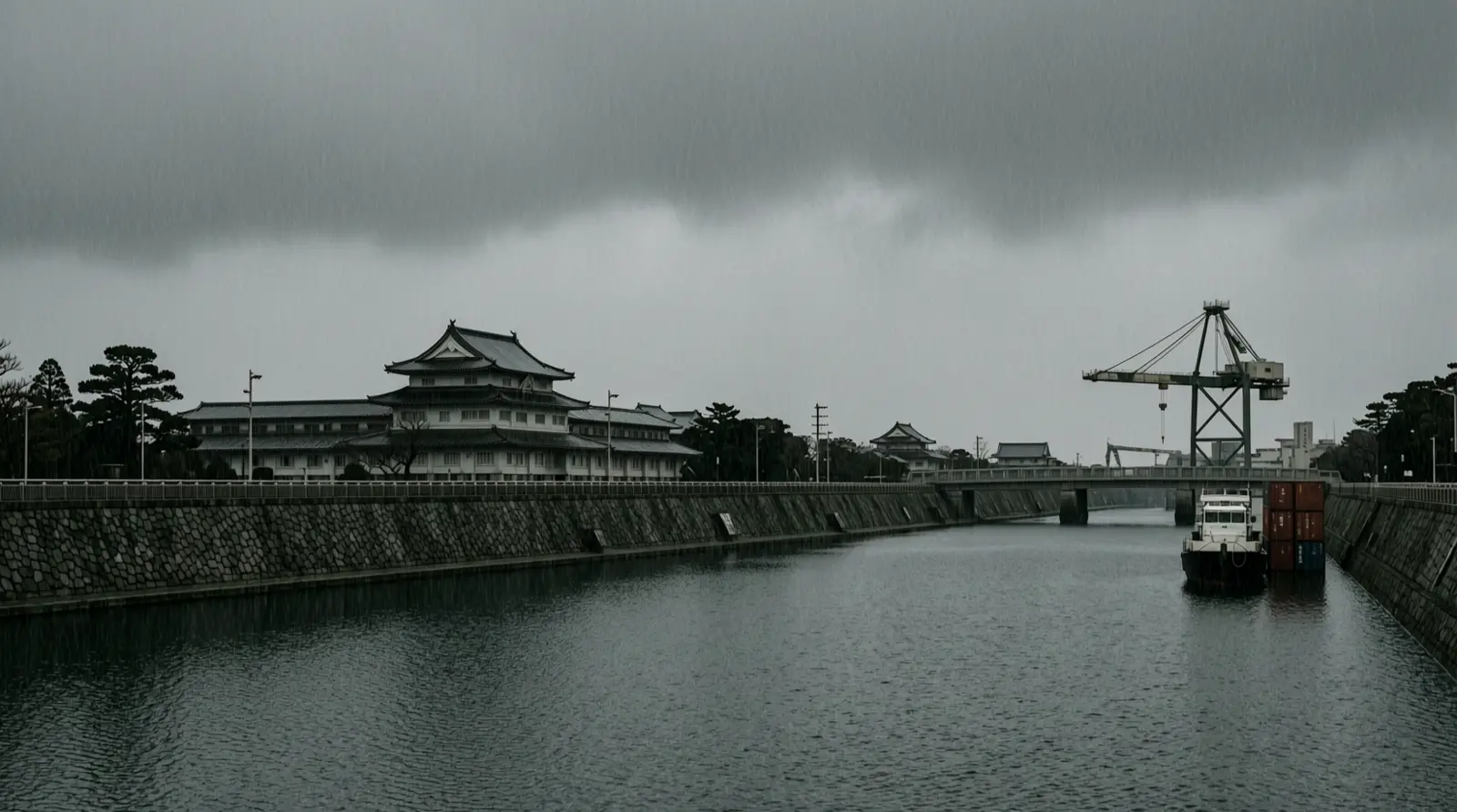 Rain over the Imperial Palace moat in central Tokyo, with stone walls and dark water under low clouds.
