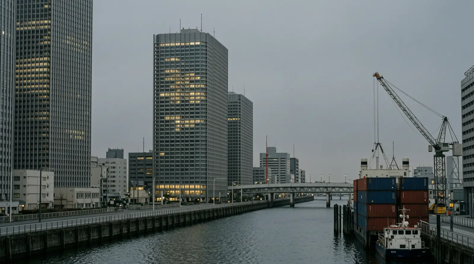 High-rise offices in Tokyo’s financial district at dusk, seen across a canal, with lit windows and no visible signs.