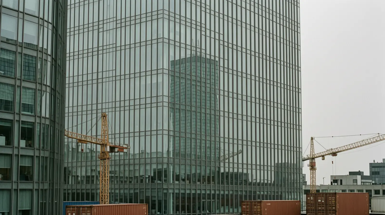 A glass office tower reflected in the windows of another building.