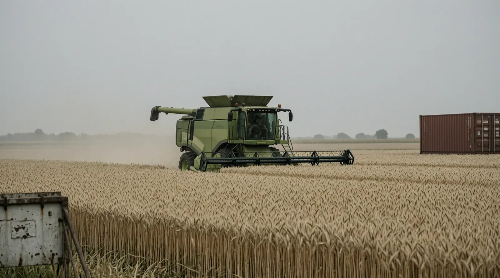 A distant combine harvester moves through a wheat field in northern France.