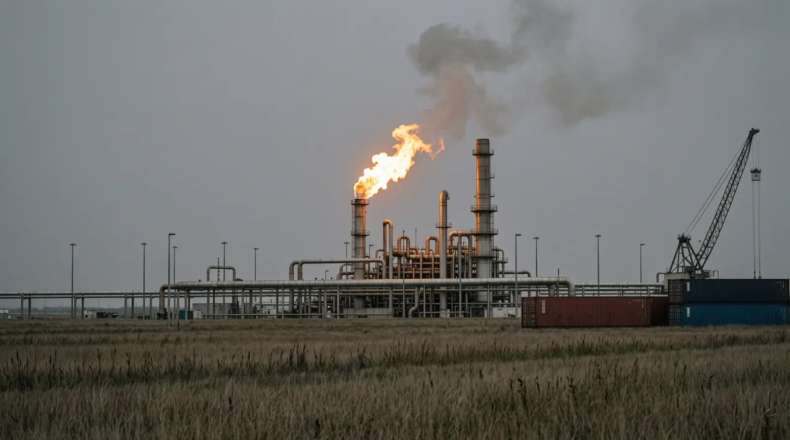 A refinery flare burns above pipework at dusk, seen from across an empty field.