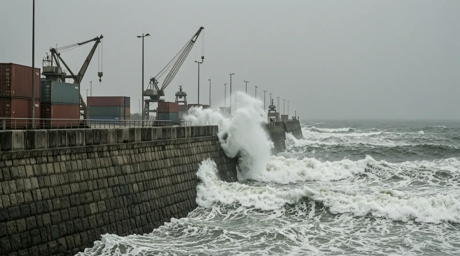Monsoon waves break against a stone seawall on the Mumbai coast.