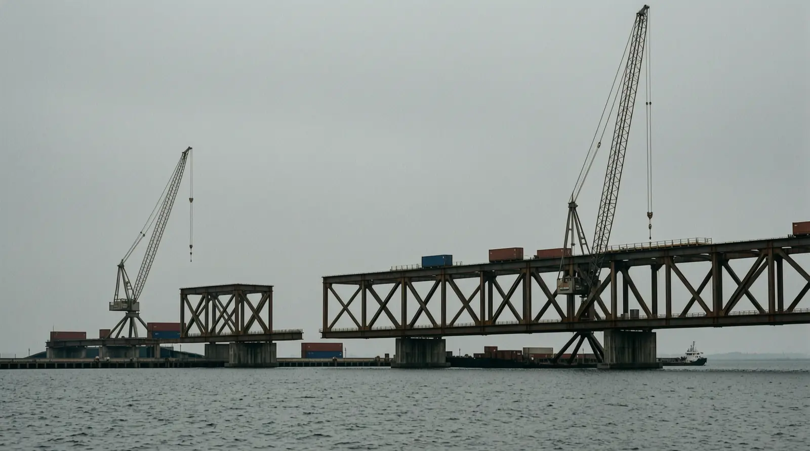 Steel girders of a bridge under construction against an overcast sky.
