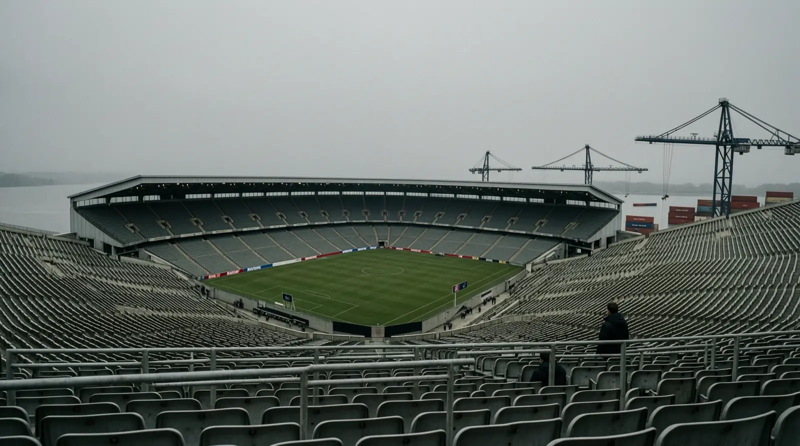 An empty football stadium bowl seen from the upper tier, with no visible banners, screens or lettering.