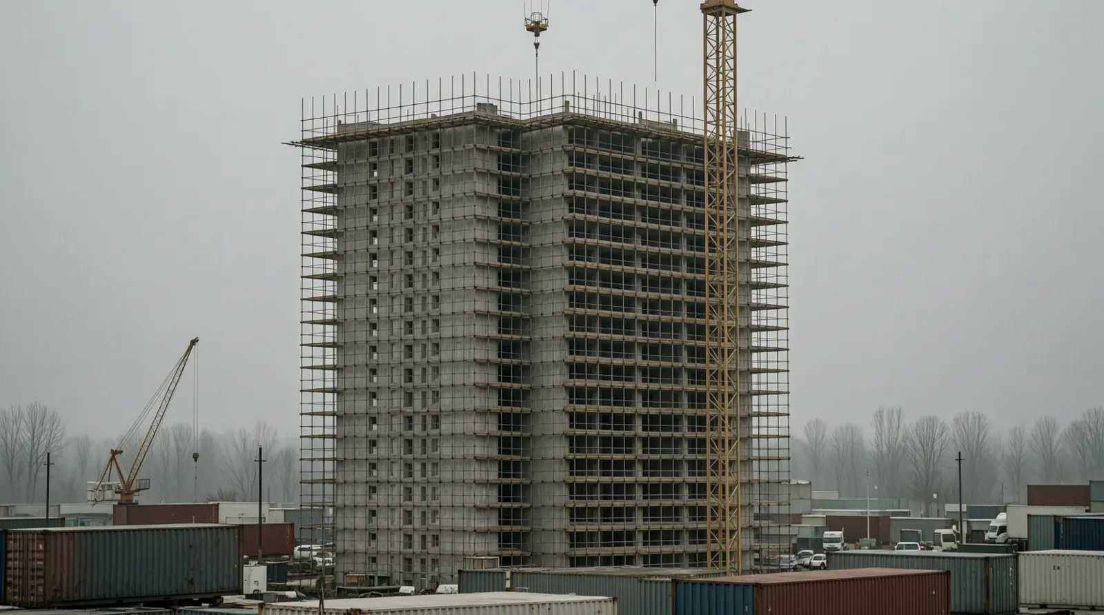 A concrete residential tower under construction behind scaffolding, seen from a distance.