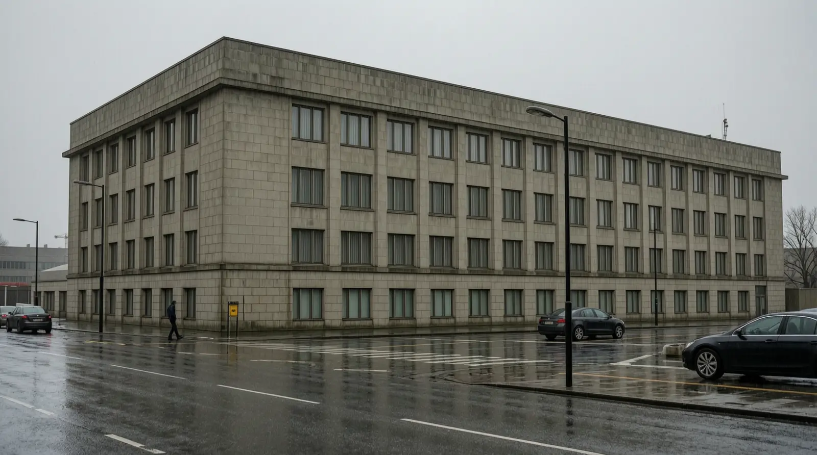 A plain stone facade of a large institutional building, with no visible signage, seen from across a wet street.