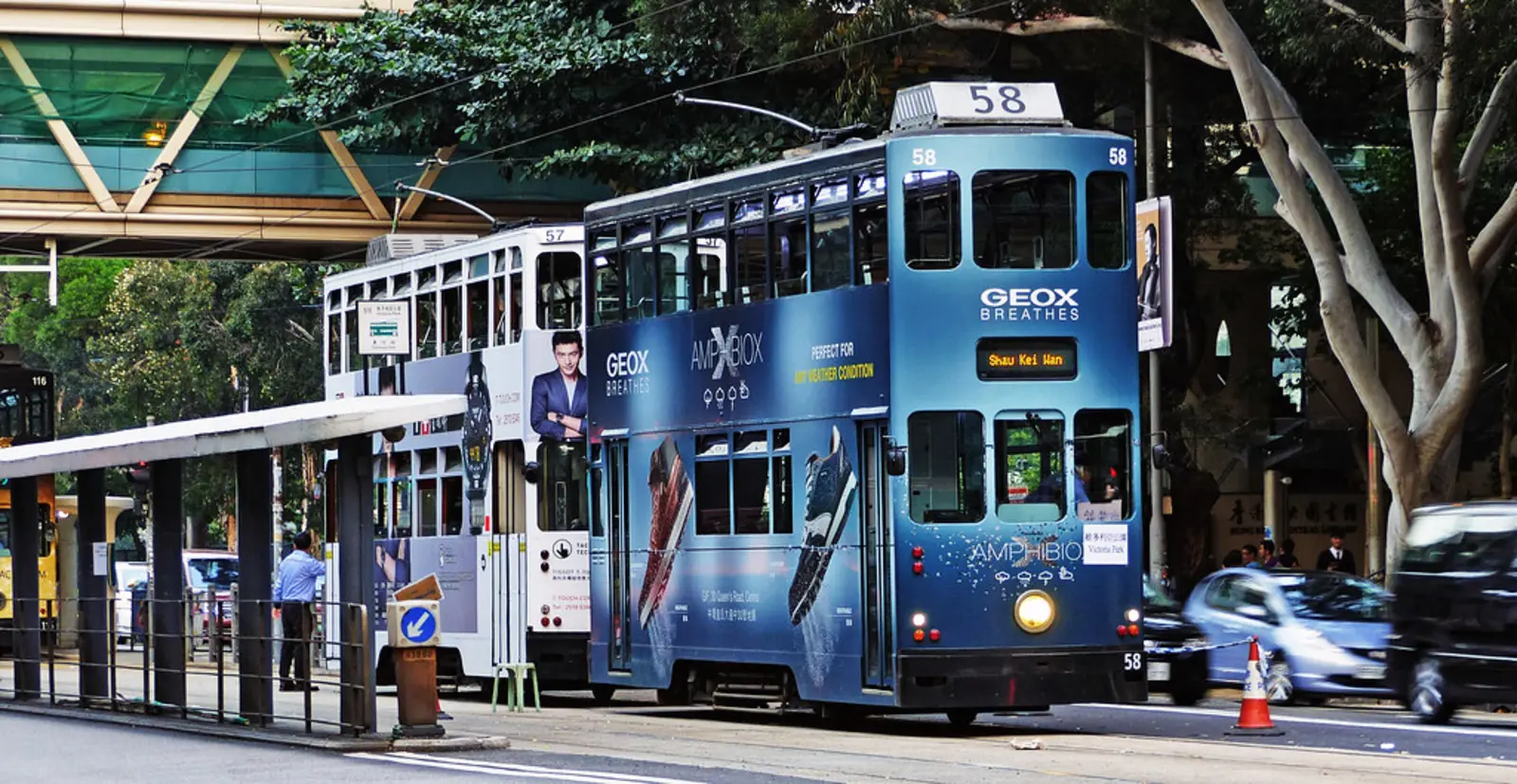 A blue double-decker tram with advertising on its side travels down a city street, followed by a white double-decker tram, with a covered pedestrian walkway and trees in the background. The photographer titled it “Hong Kong Trams.”.