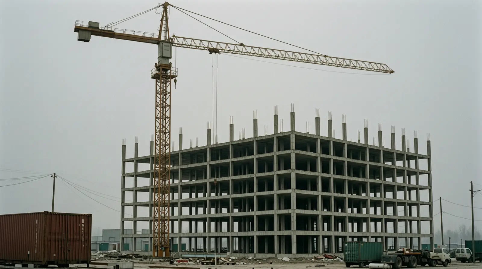 An idle tower crane standing above an unfinished concrete building frame.