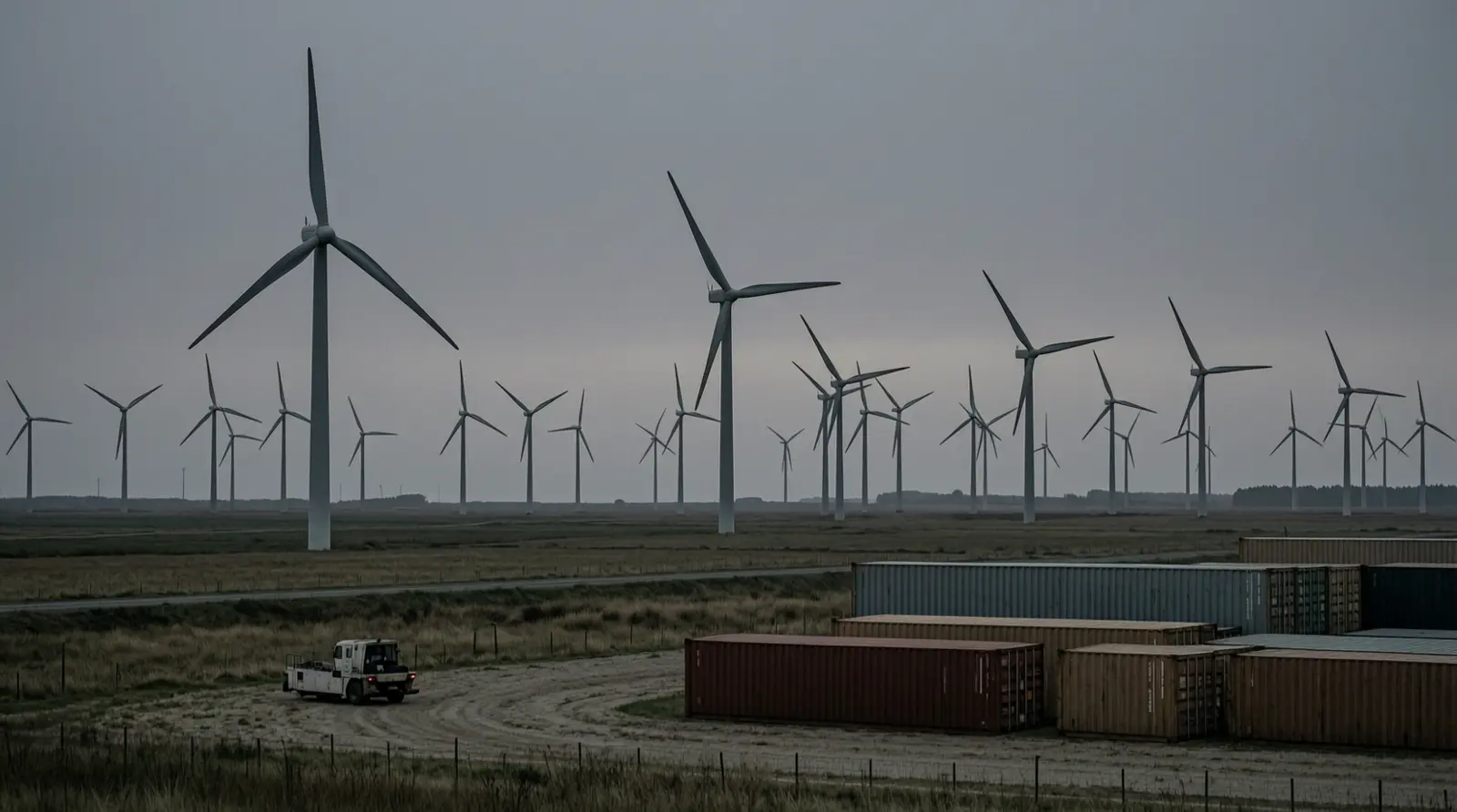 Wind turbines turning in dusk light over open fields in northern Europe.