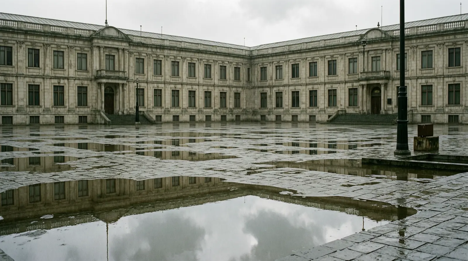 A rain-washed stone university courtyard in Buenos Aires, empty except for puddles reflecting clouds.