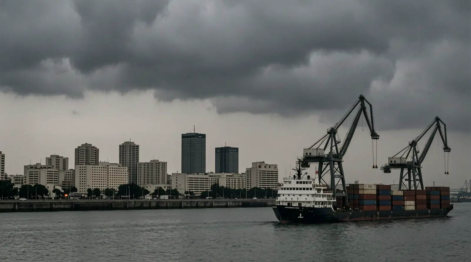 Dark clouds over the Buenos Aires skyline at dusk, seen from across the river.