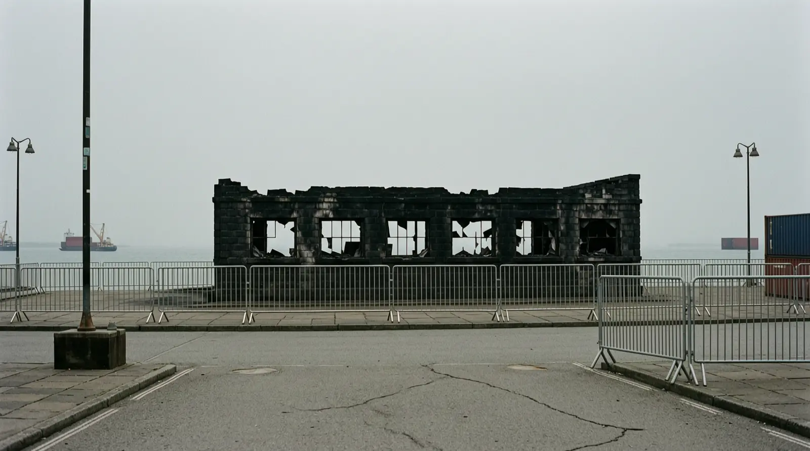 A charred stone facade with broken windows behind a plain metal barrier, seen from across a cordoned square.