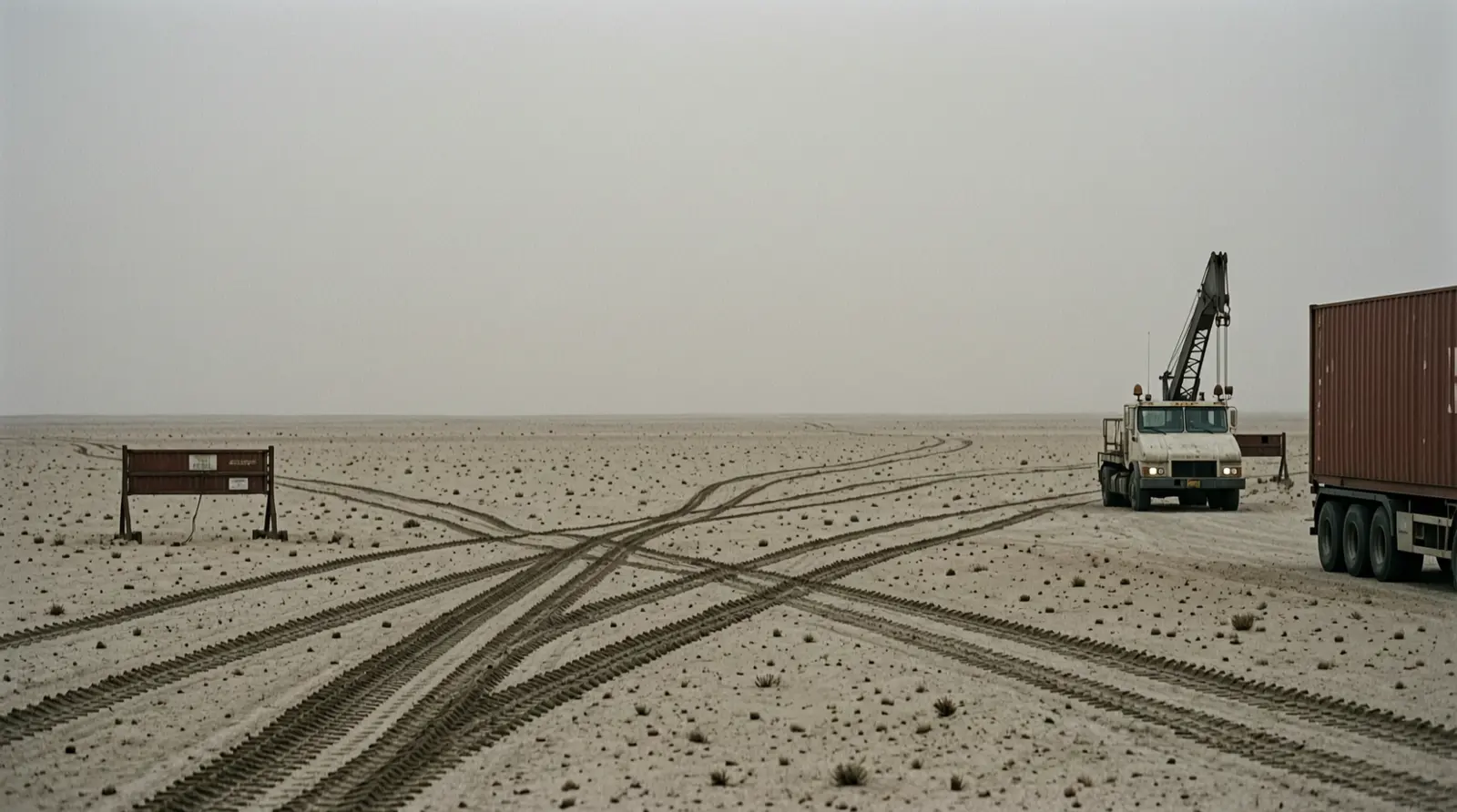 Vehicle tracks crossing open desert under a hazy sky, with no people visible.