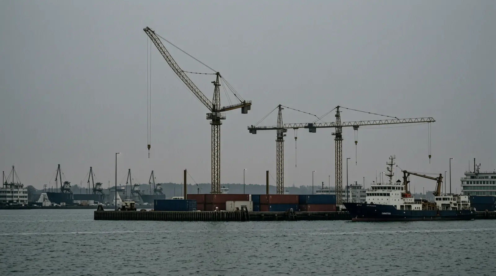 Construction cranes stand above a waterfront at dusk, seen across open water.