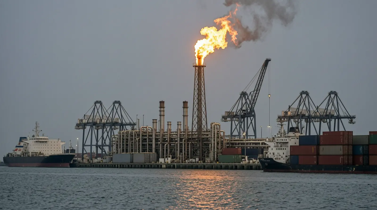 A flare stack burns above a refinery complex seen across open water at dusk.