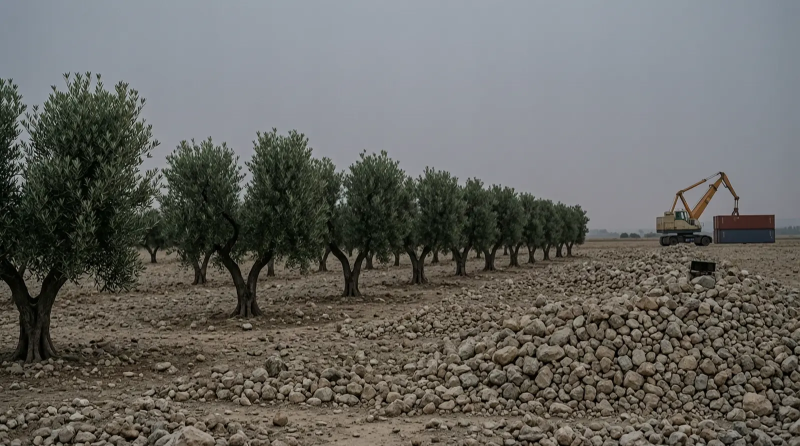 A line of olive trees beside a dry, rocky field at dusk.