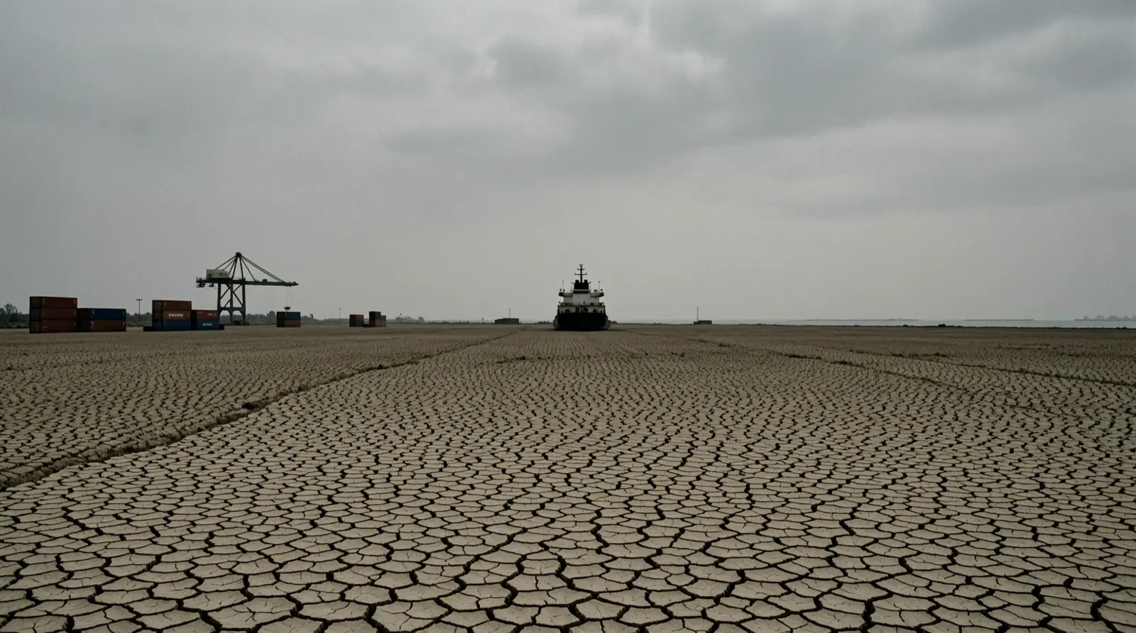 a dry field with cracked soil under cloudy sky