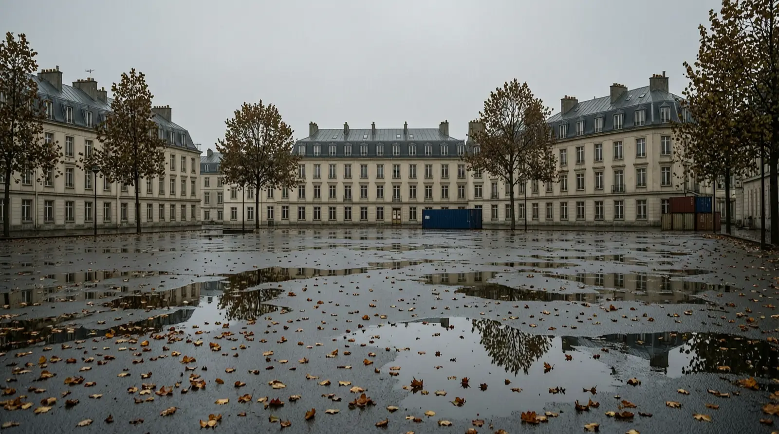 An empty Paris schoolyard after rain, its asphalt dark with puddles and scattered leaves.