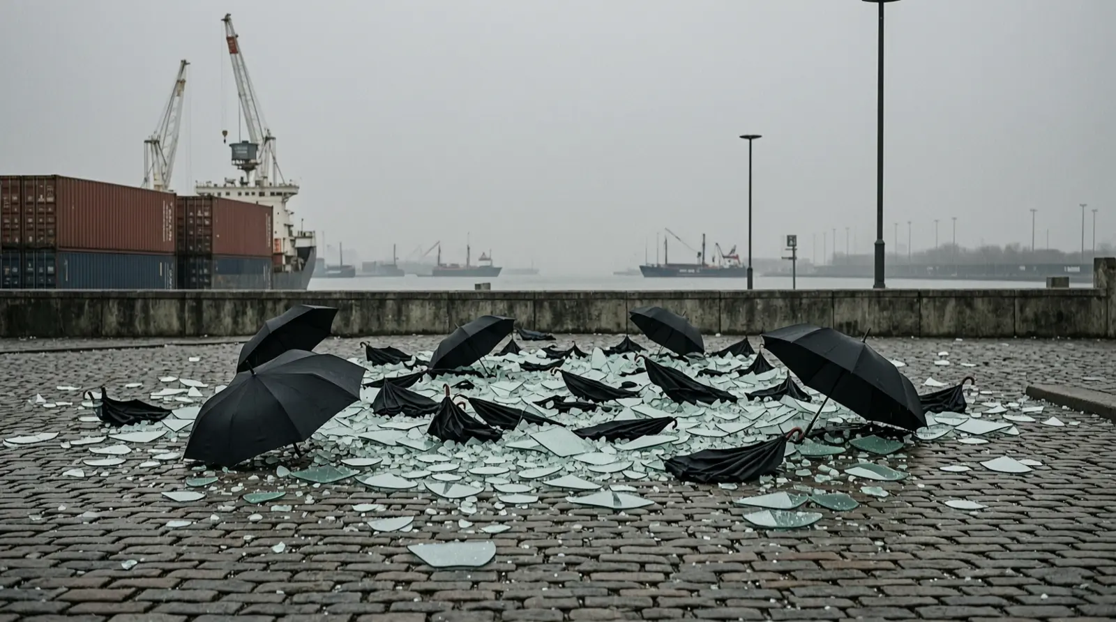 Cobblestones strewn with broken glass and discarded umbrellas after a protest.