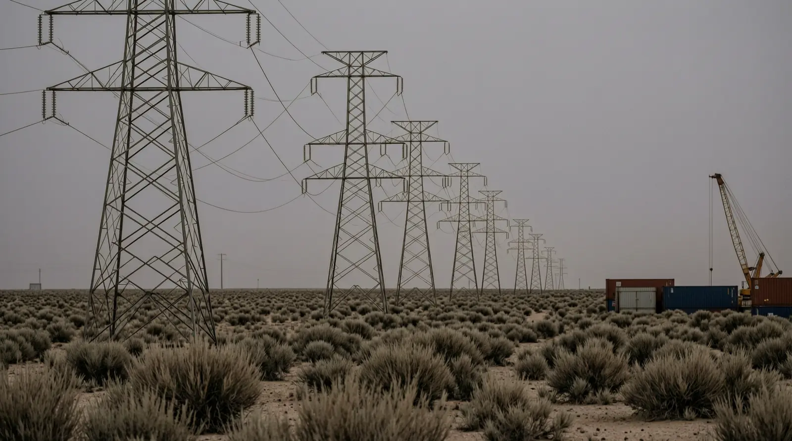 A line of electricity pylons receding into desert scrub under evening light.