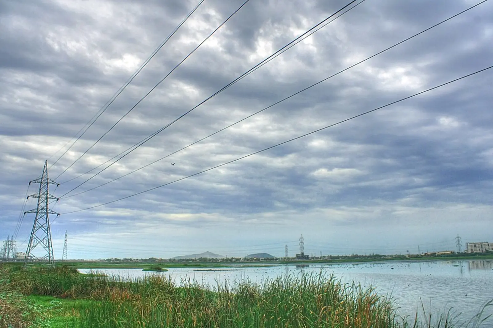A metal electricity pylon stands on a grassy shoreline beside a body of water, while power lines stretch diagonally across a heavily clouded sky. The photographer titled it “Power tower & ominous clouds”.
