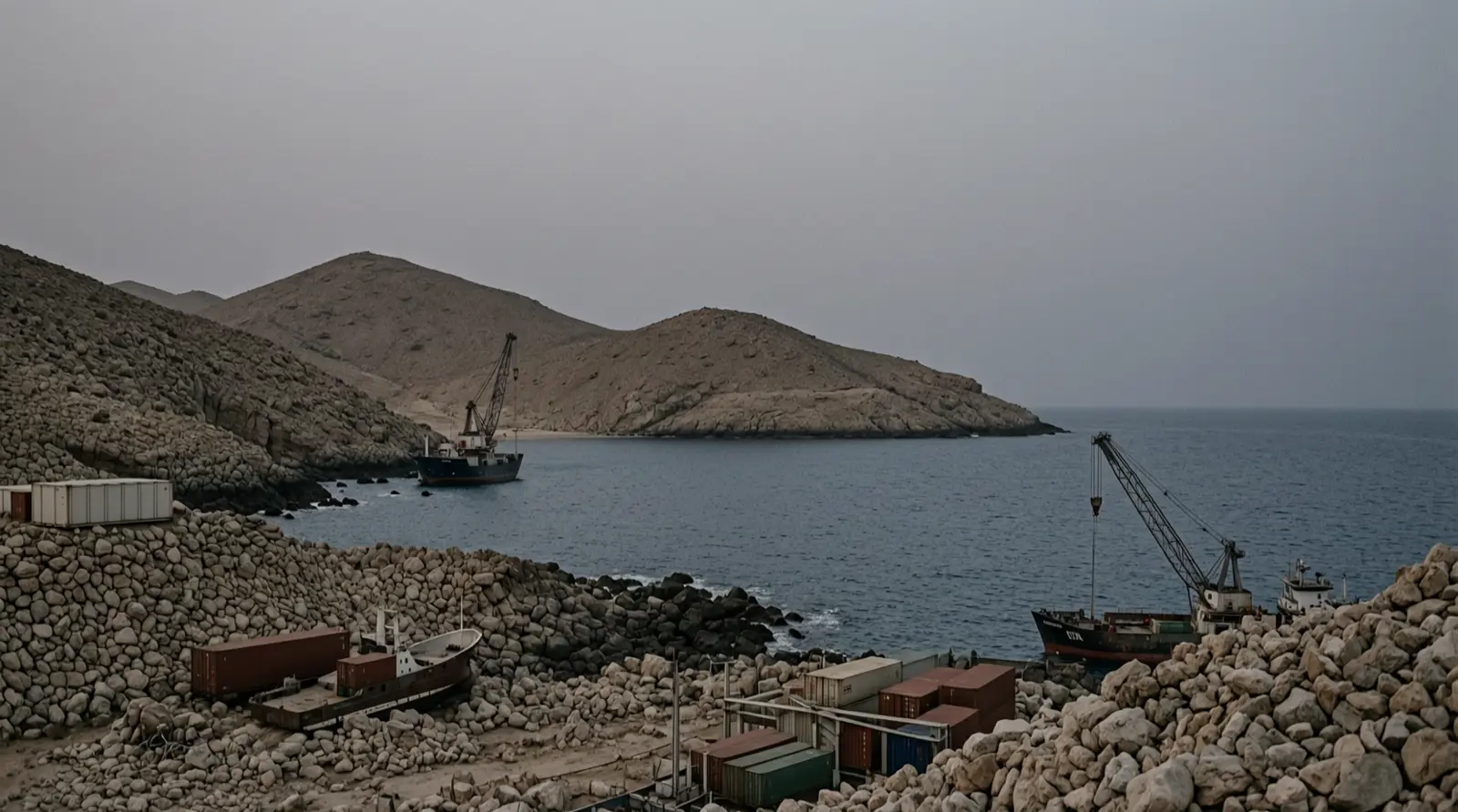 A rocky Red Sea coastline at dusk, with low hills and open water beyond.