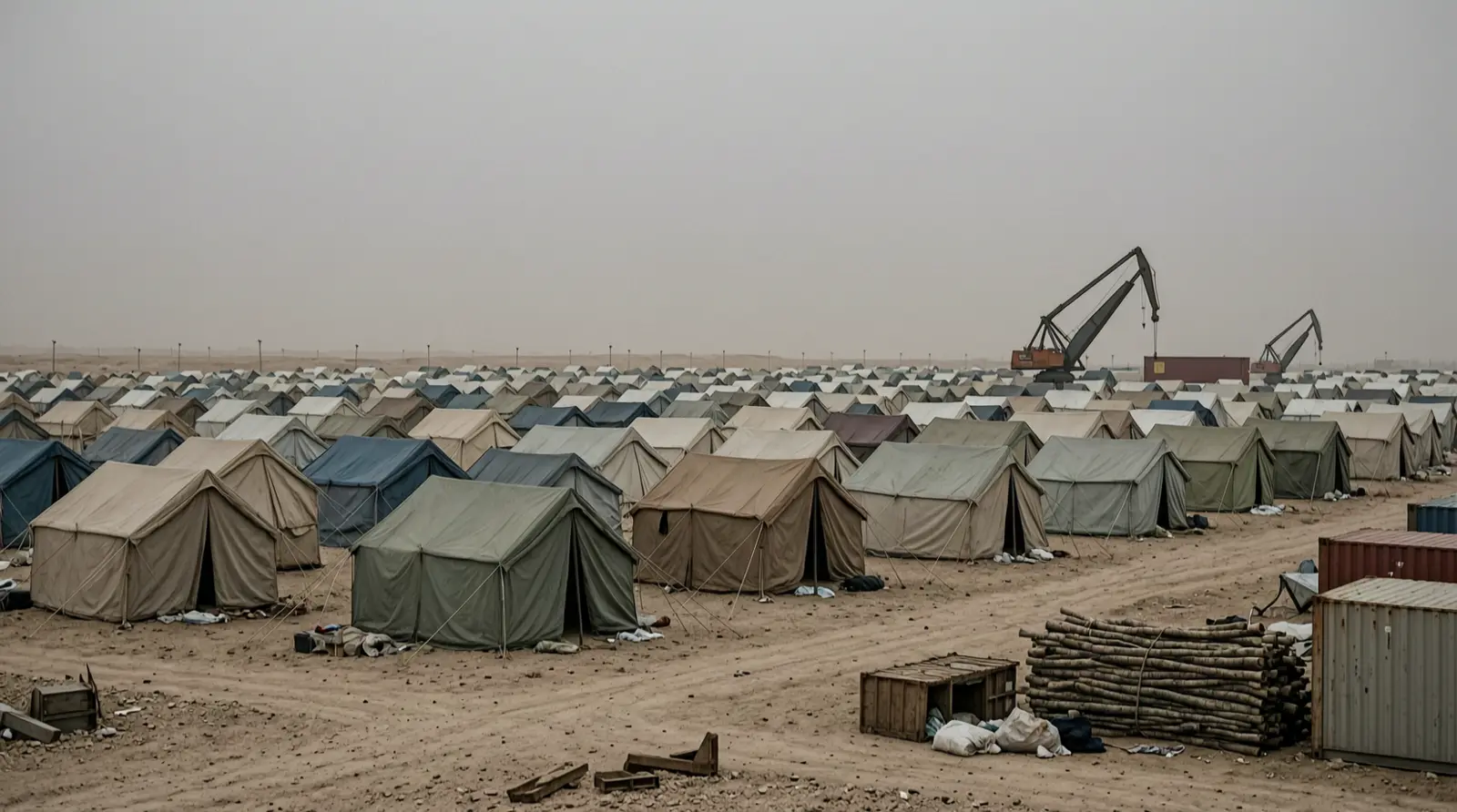Rows of tents in an arid displacement camp seen from a distance.
