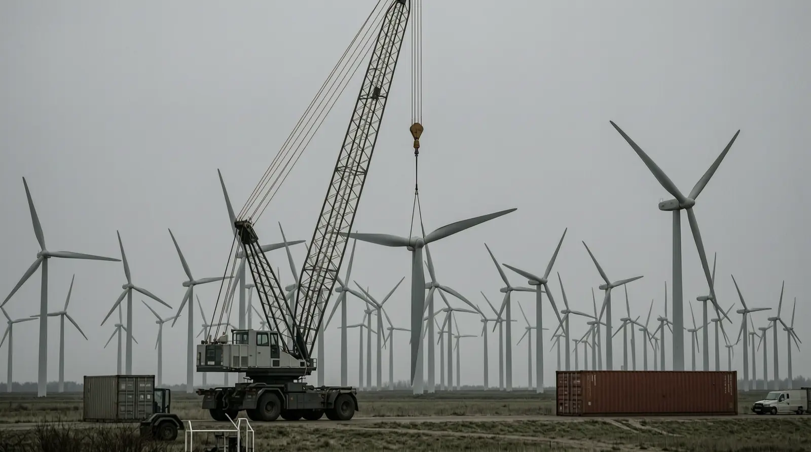 A crane lifting a turbine blade beside a wind farm, seen from a distance.