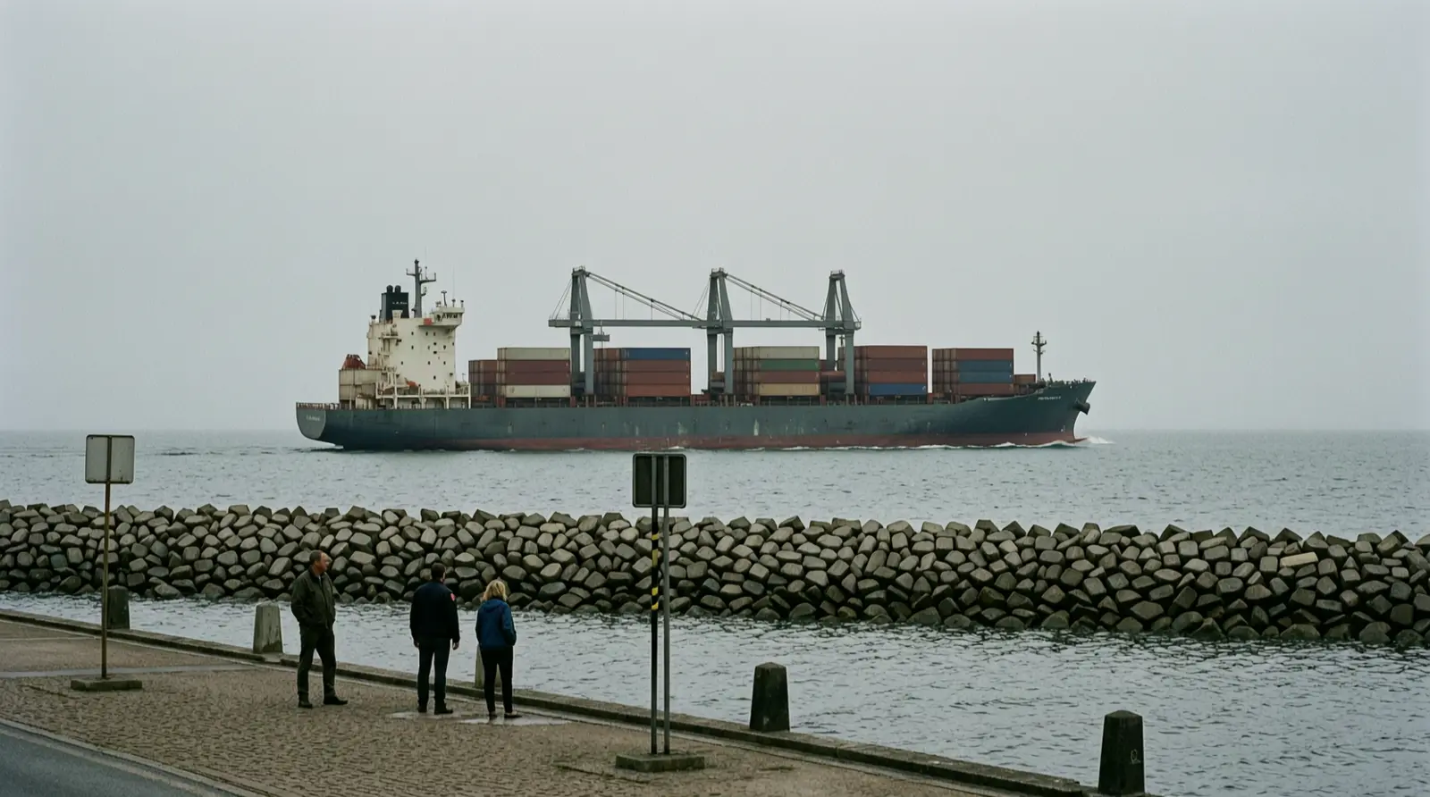 A cargo ship moving across open water beyond a breakwater, seen from shore.