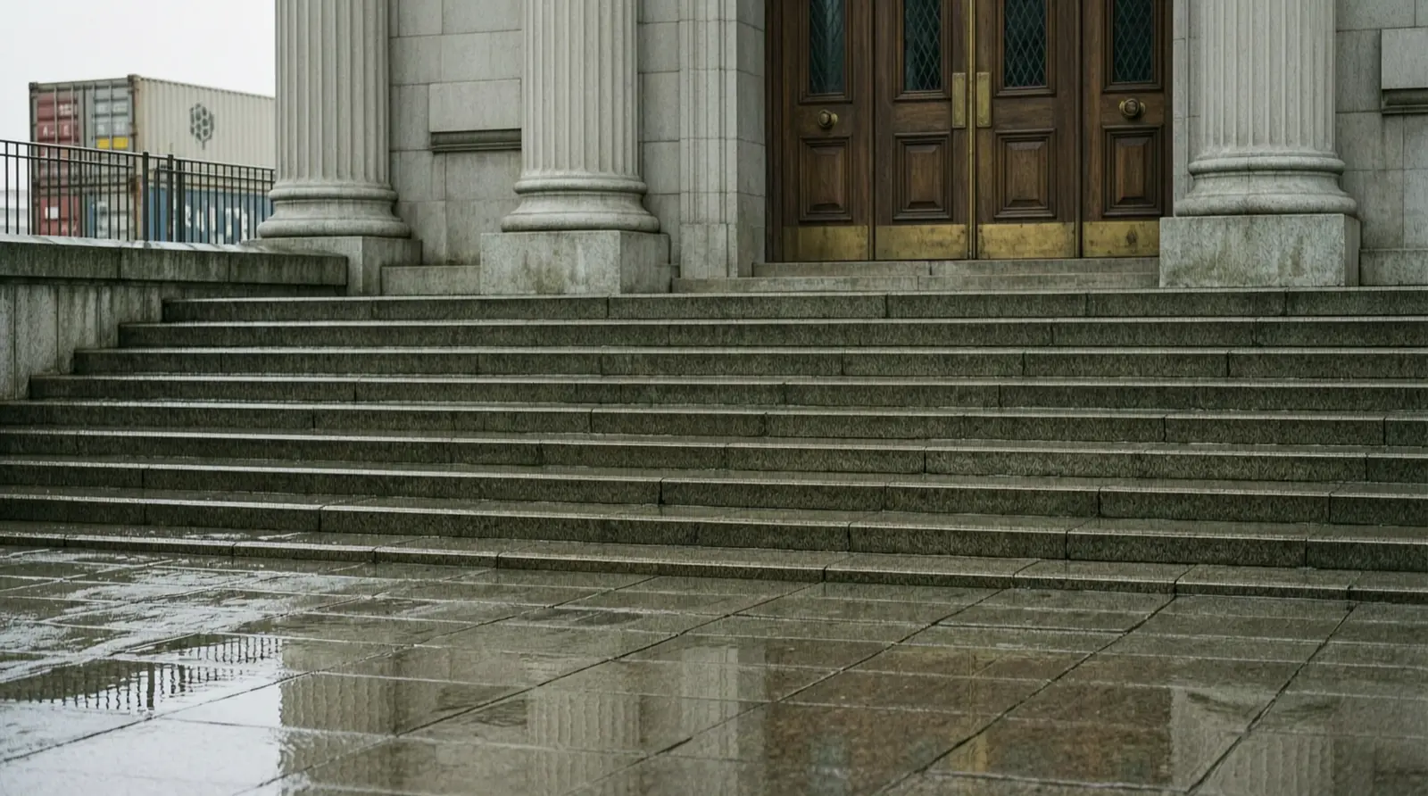 Rain pooling on wide stone steps outside a courthouse, with heavy doors shut, no people and no visible signage.