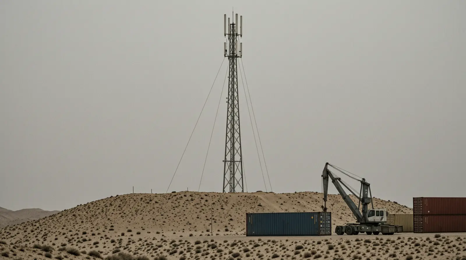 A telecommunications mast stands on a dry desert hill.