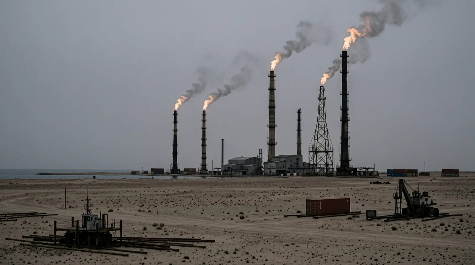 Industrial flare stacks seen from across open desert at dusk, with no structures close enough to show markings.