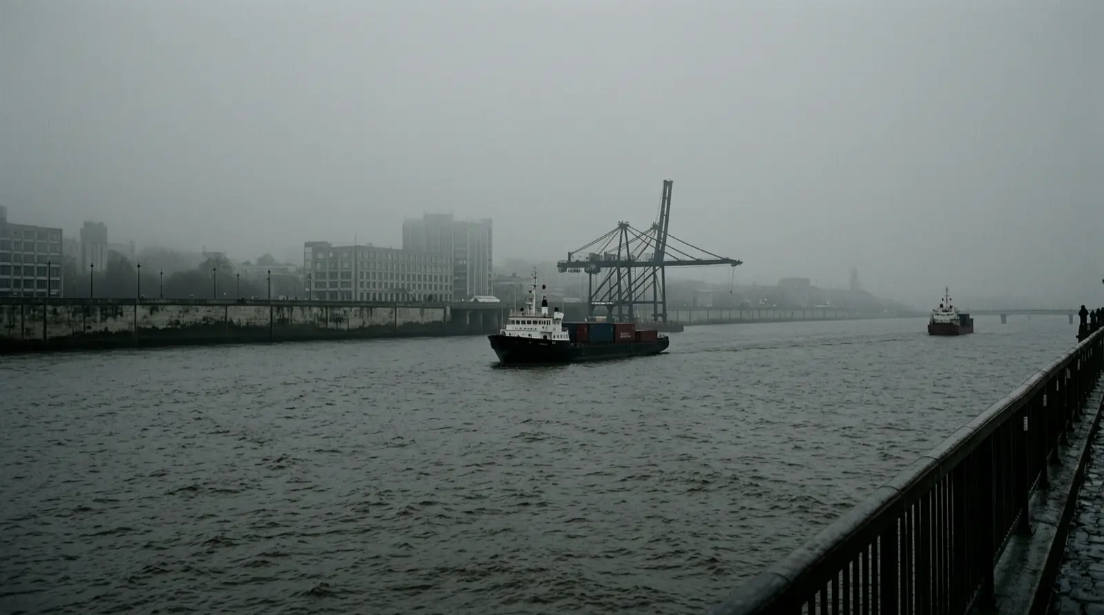 Fog over the River Thames in London, dark water and a distant stone embankment.