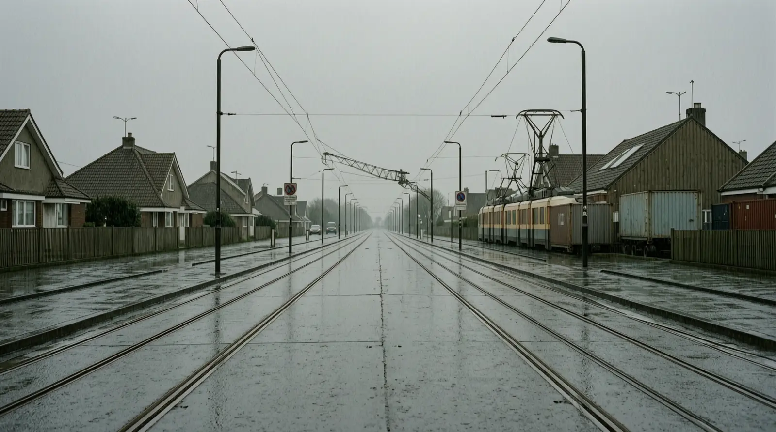 A rain-slicked suburban street with tram tracks and low clouds, viewed from a distance.