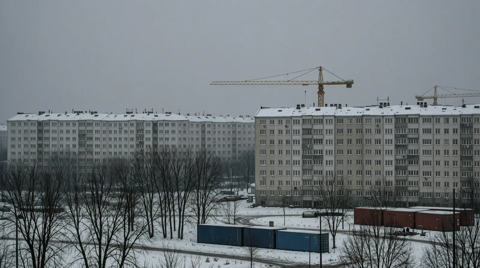 Snow-dusted apartment blocks and bare trees in a Kyiv residential district seen from a distance at dusk.